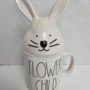 Rae Dunn White Easter Bunny Mug with Topper Flower Child